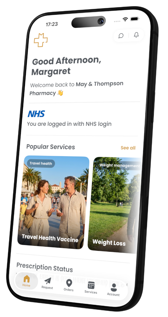May & Thomson Pharmacy patient app showing prescription ordering and tracking on a phone